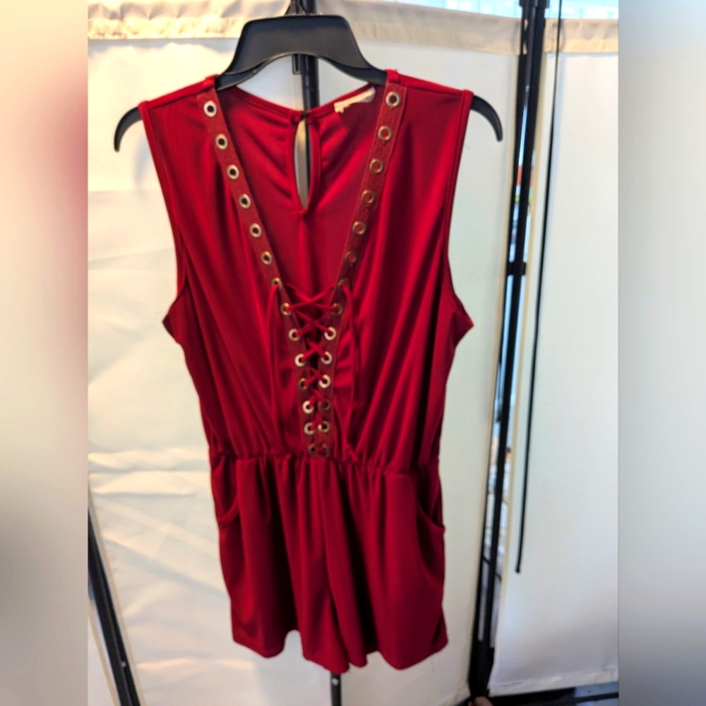 Red Lace-Up Sleeveless Romper